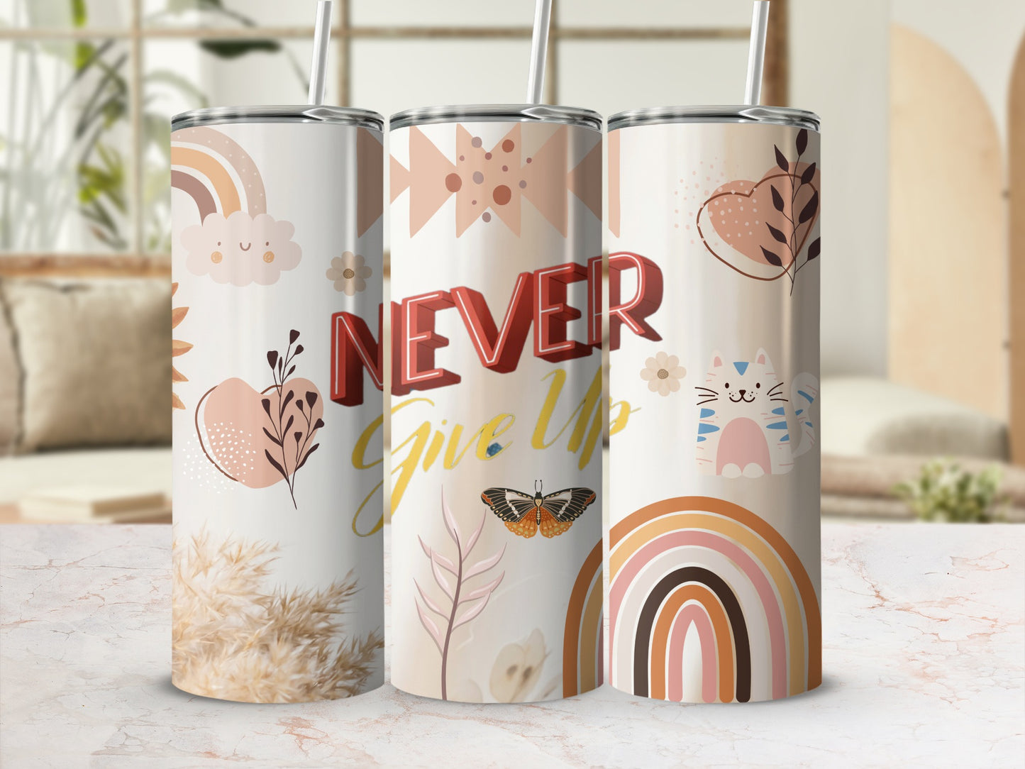 Inspirational Never Give Up Rainbow Design Tumbler