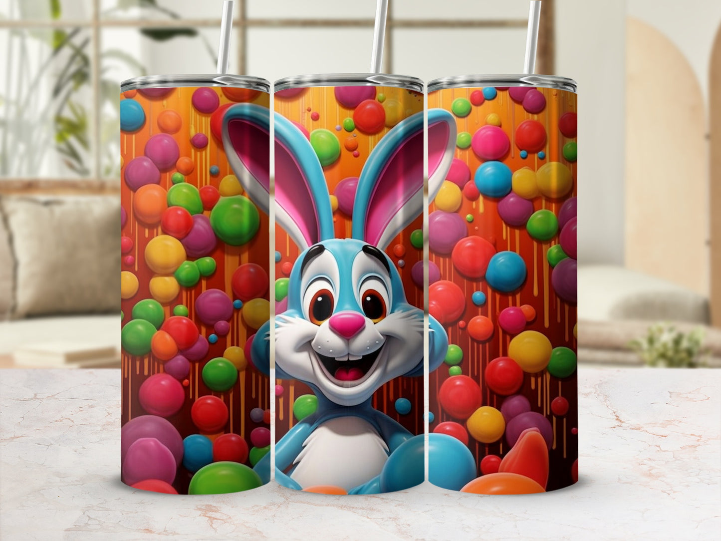 Cute Bunny and Colorful Bubbles Tumbler Design