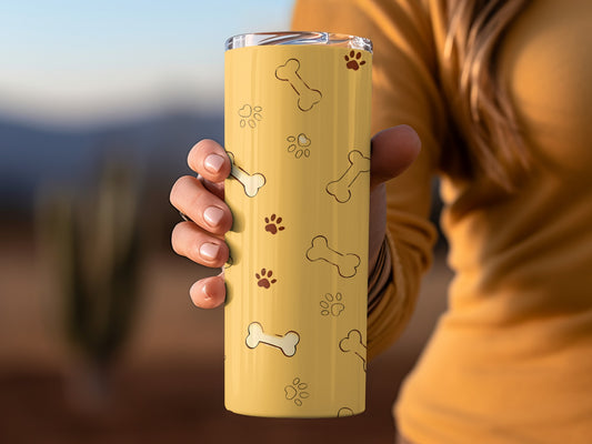 Yellow Tumbler with Bones and Paw Prints Design
