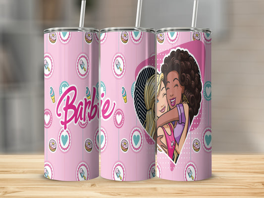 Pink Barbie tumbler with donuts, hearts, and two women hugging.