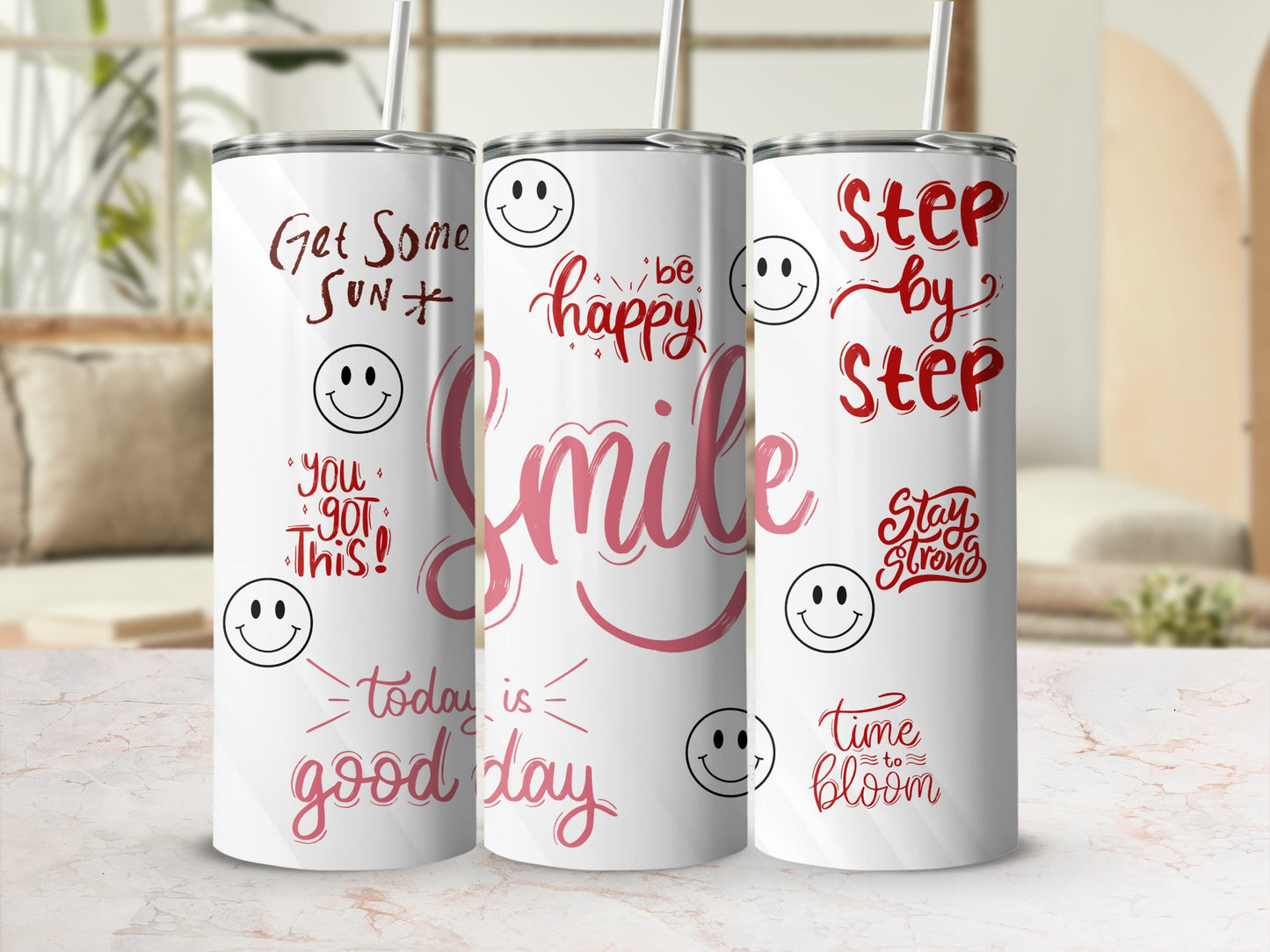 Inspirational Smiley Designs on White Tumbler with Straw