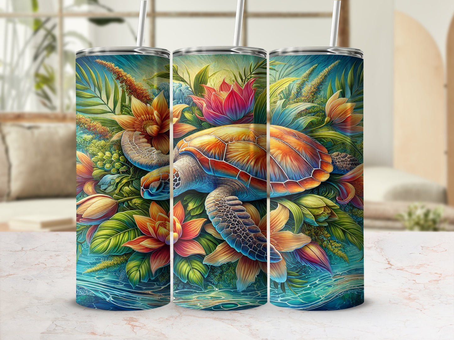 Colorful Sea Turtle Themed Reusable Tumbler Product