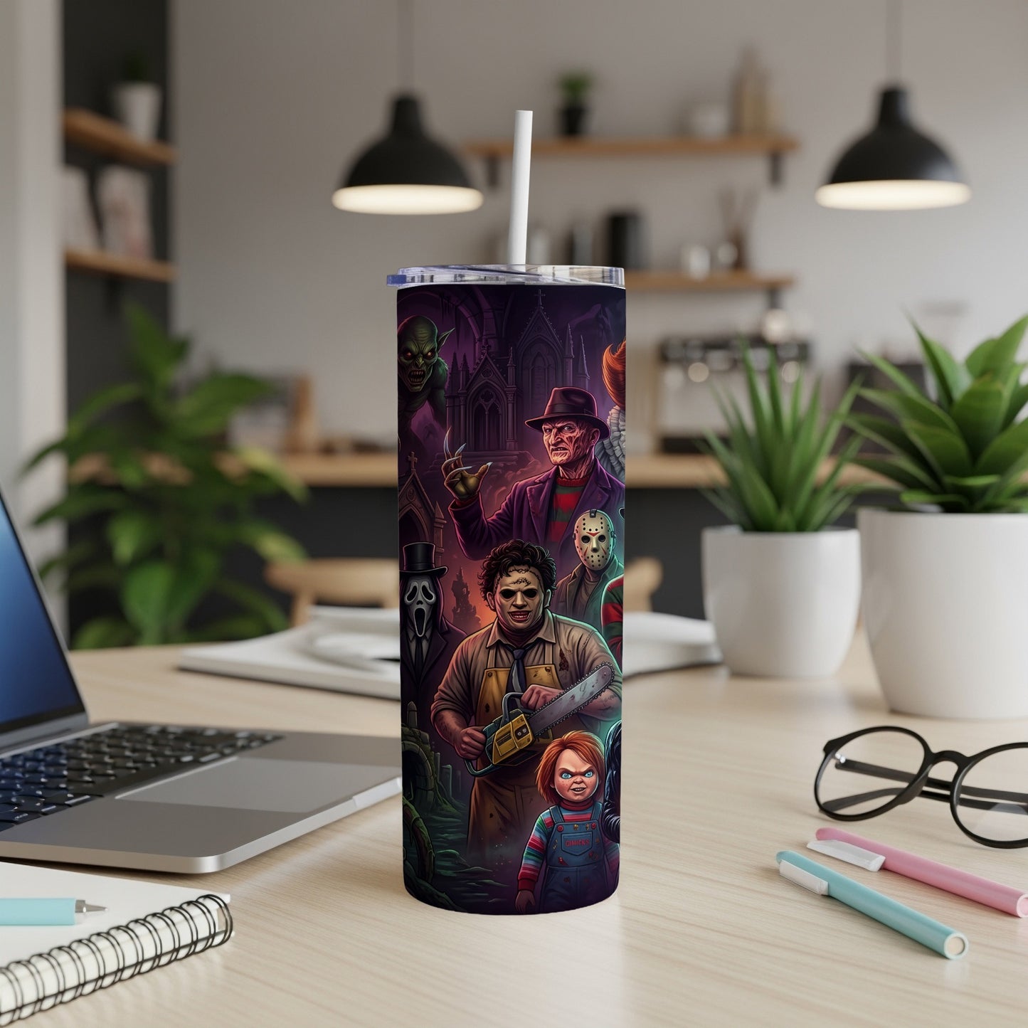 Tumbler featuring horror icons Freddy Krueger, Leatherface, Ghostface, Chucky, and Jason Voorhees.