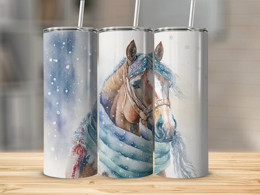 Three tumblers with watercolor horse and snowflake designs.