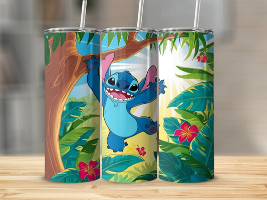Stitch character with tropical leaves and flowers on a tumbler.