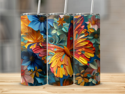 Three tumblers featuring a colorful butterfly and floral design.