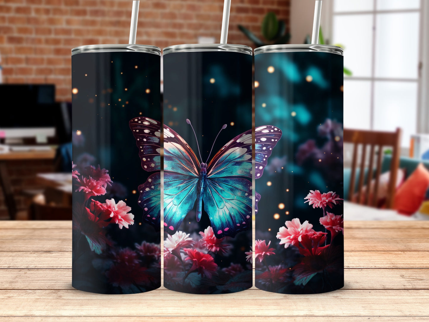 Blue Butterfly Sparkle Flowers Tumbler product type