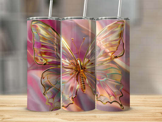 Three tumblers with iridescent butterfly designs on pink marbled background.