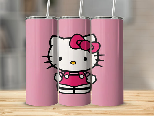 Three pink tumblers featuring Hello Kitty wearing a pink jumpsuit.