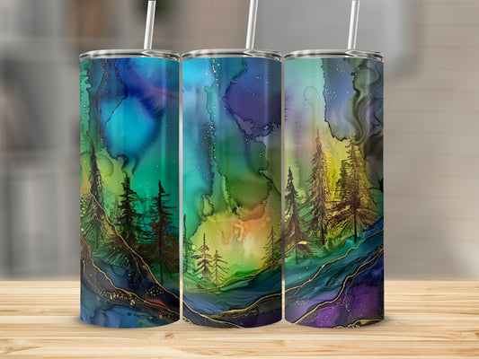 Three tumblers with abstract aurora borealis and pine tree design.