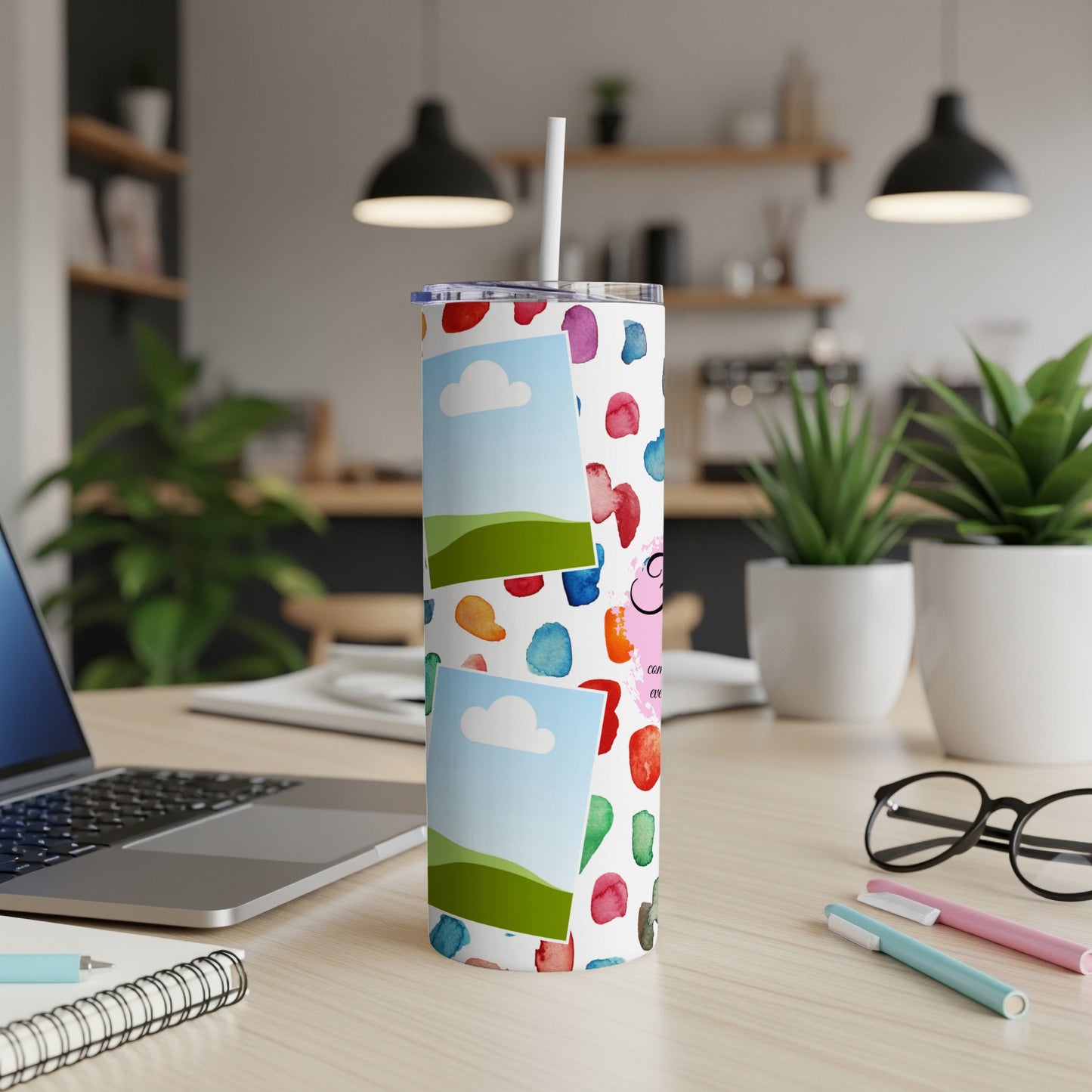 White tumbler with colorful watercolor polka dots and two photo placeholders.