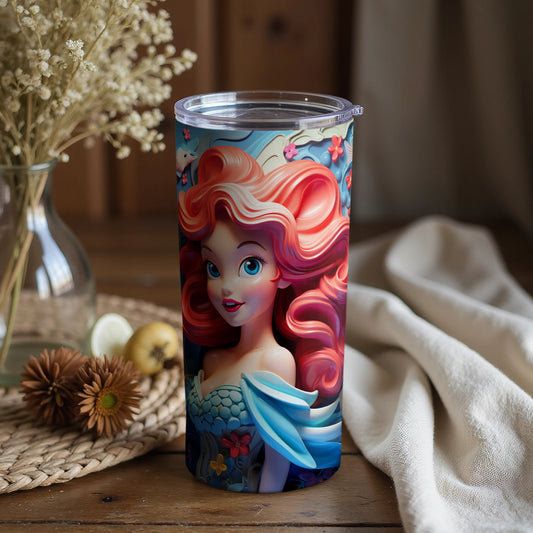 Vibrant Mermaid Design Tumbler With Red Hair Floral Background