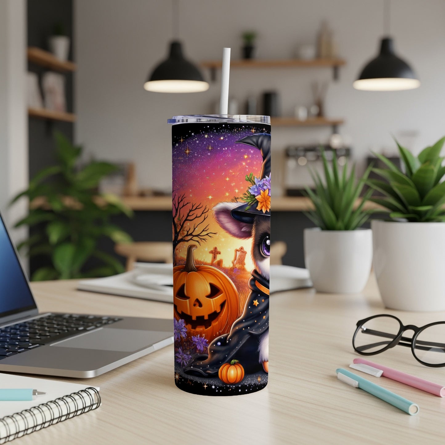 Halloween tumbler with cat in witch hat, pumpkin, and starry night.