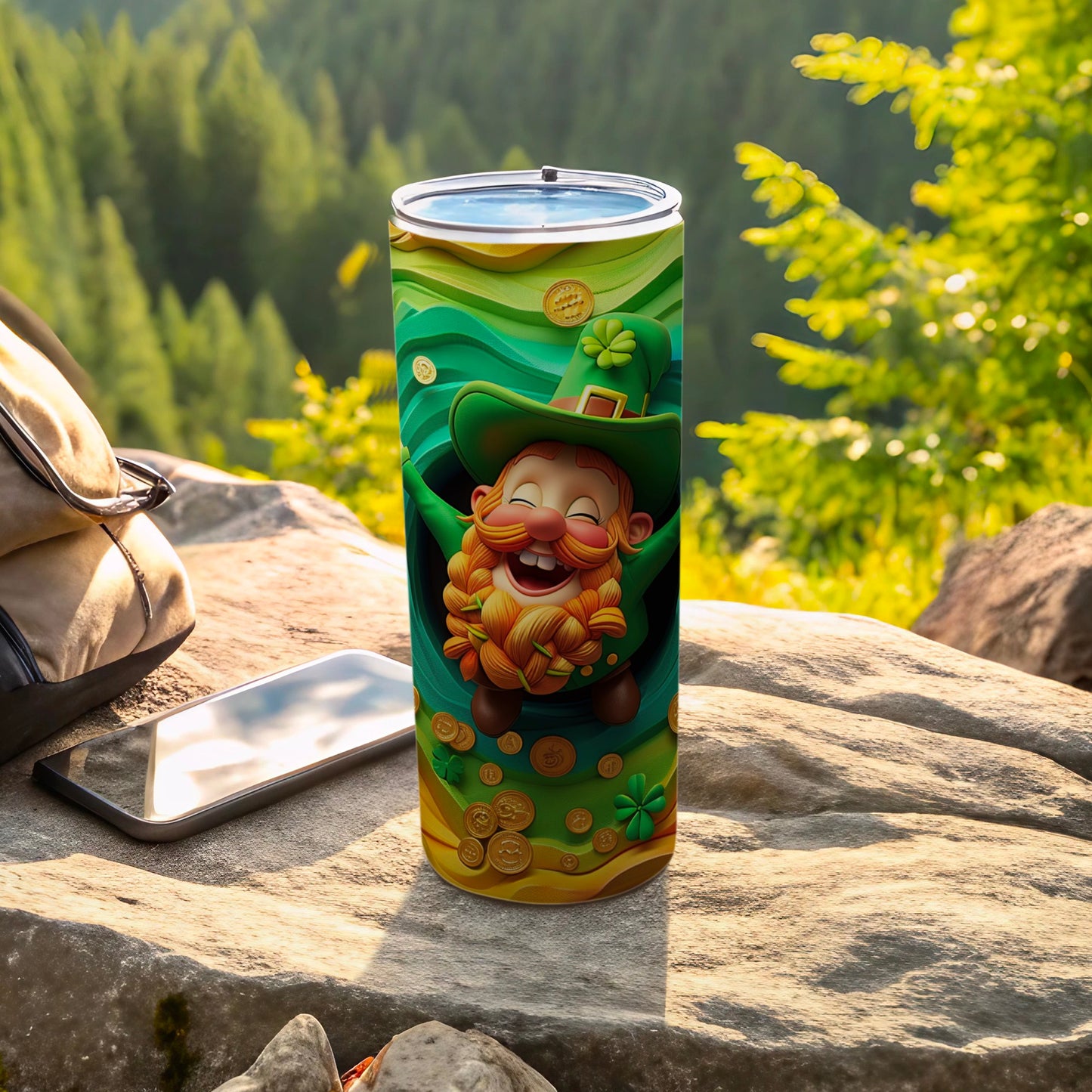 Leprechaun on a green, gold coin pattern tumbler, outdoors.