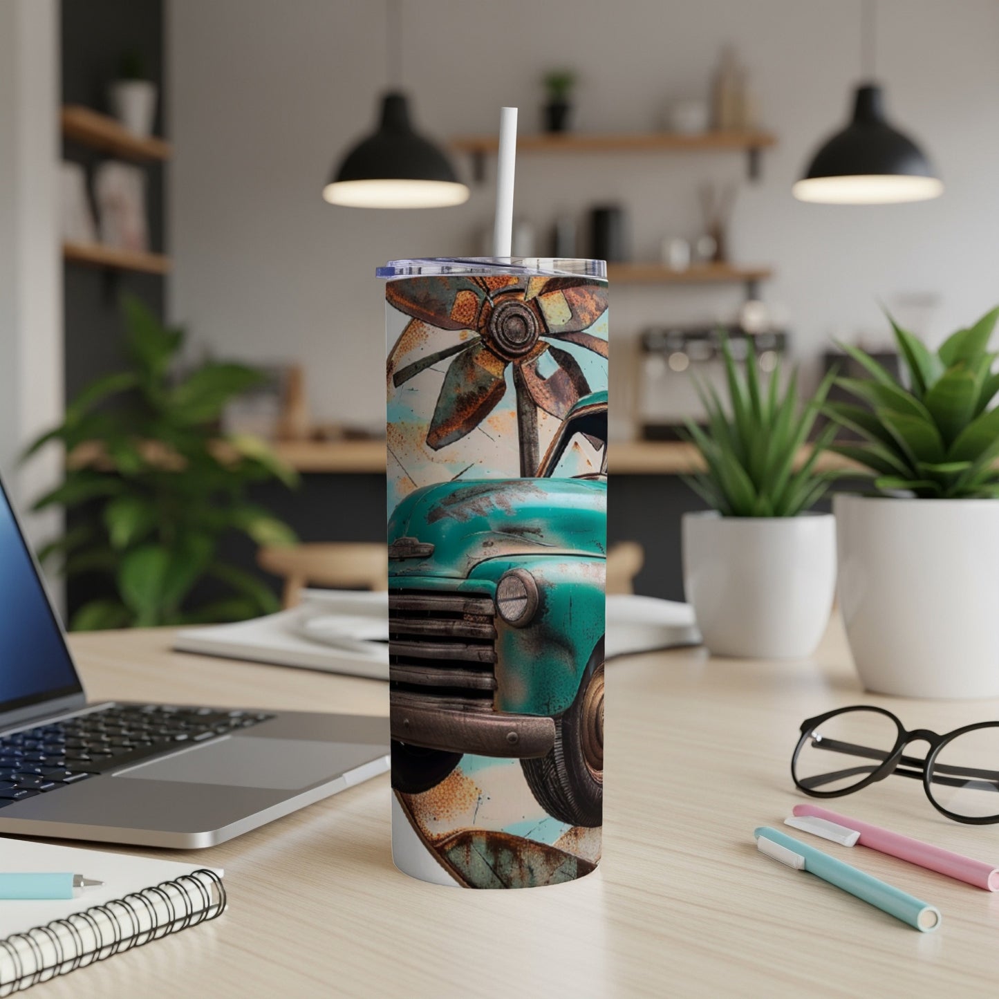 Turquoise vintage truck and rustic windmill design on a skinny tumbler.