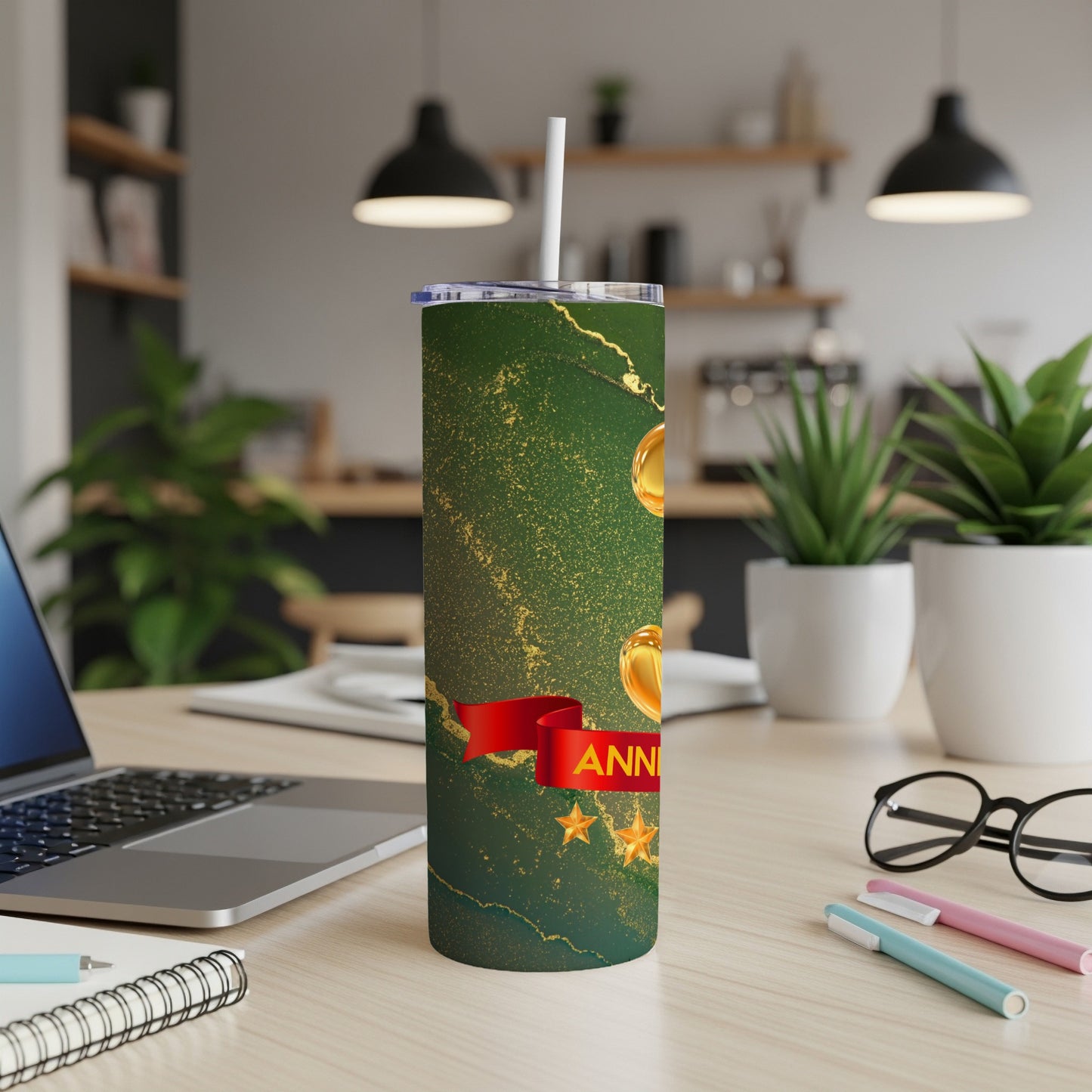 Green and gold marbled tumbler with "Anniversary" text and stars.