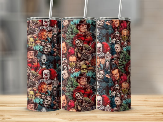 Collage of horror movie villains including Pennywise, Jason Voorhees, and Freddy Krueger.