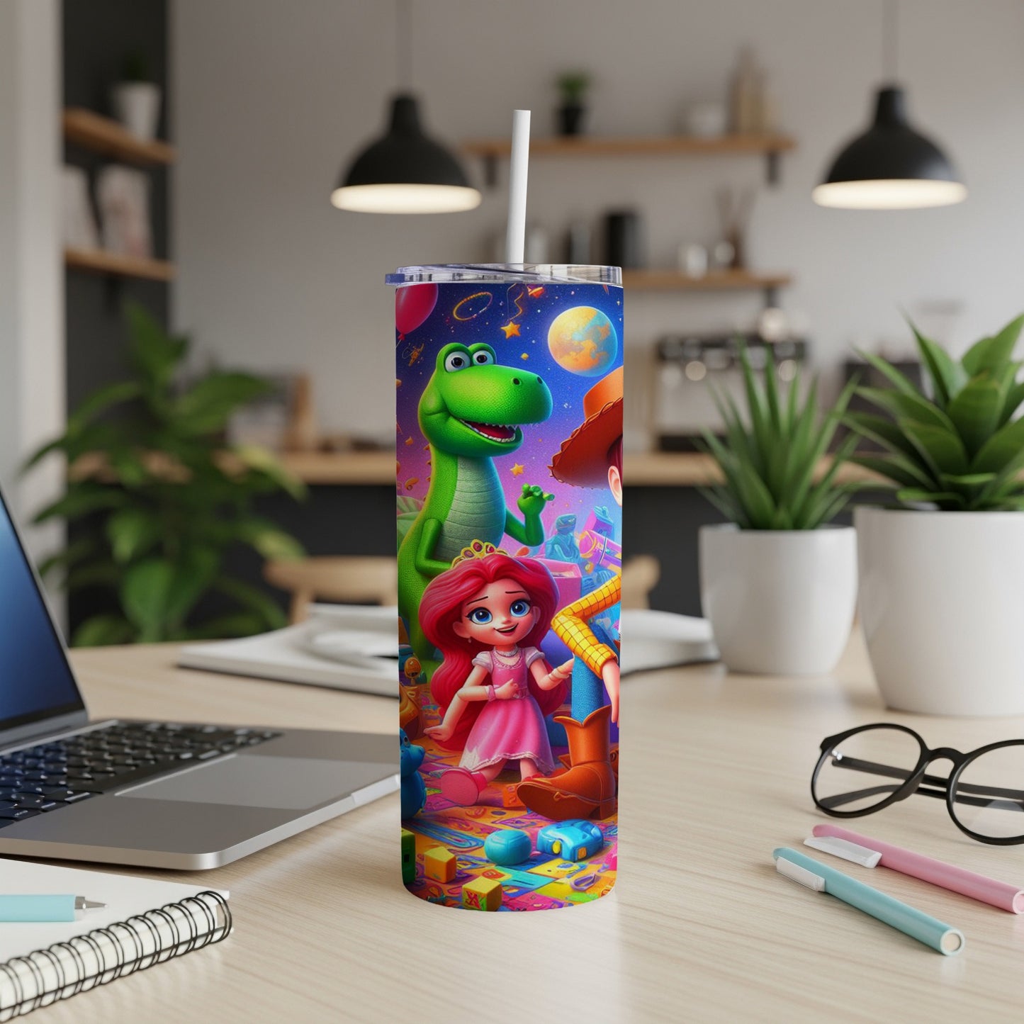 Toy Story characters on a colorful tumbler with a straw, on a desk.