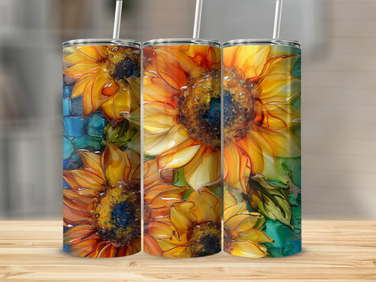 Three sunflowers with swirling orange and yellow petals on a textured background.
