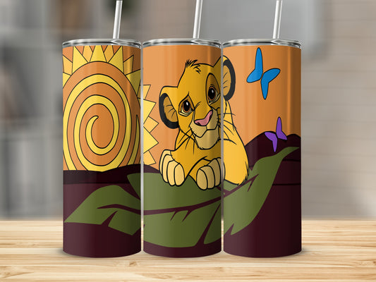 Simba from The Lion King with sun and butterflies on a tumbler.