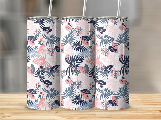 Three tall tumblers with a floral and leaf pattern in pink and blue.