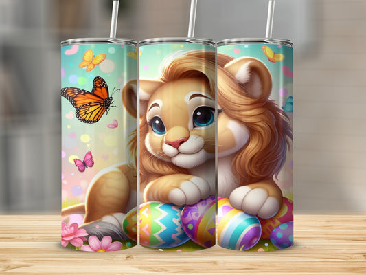 Cartoon lion cub with colorful Easter eggs and butterflies.