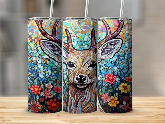Three stained-glass style tumblers featuring a deer face with floral accents.