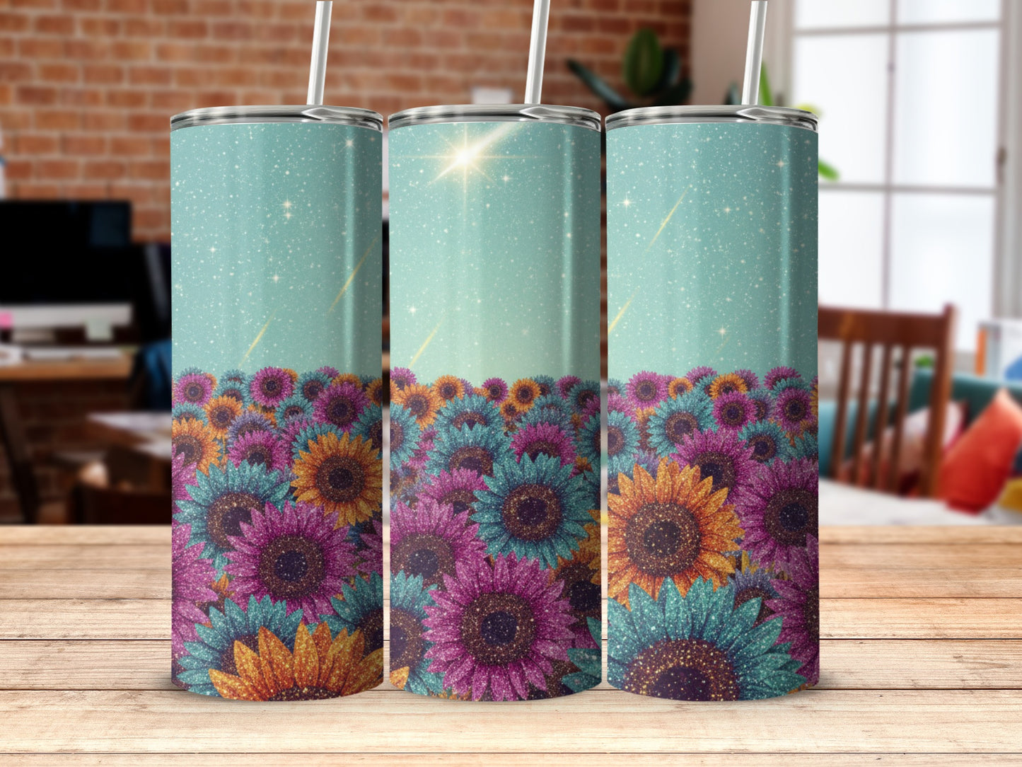 Glitter Sunflower Print Tumbler for Stylish Hydration