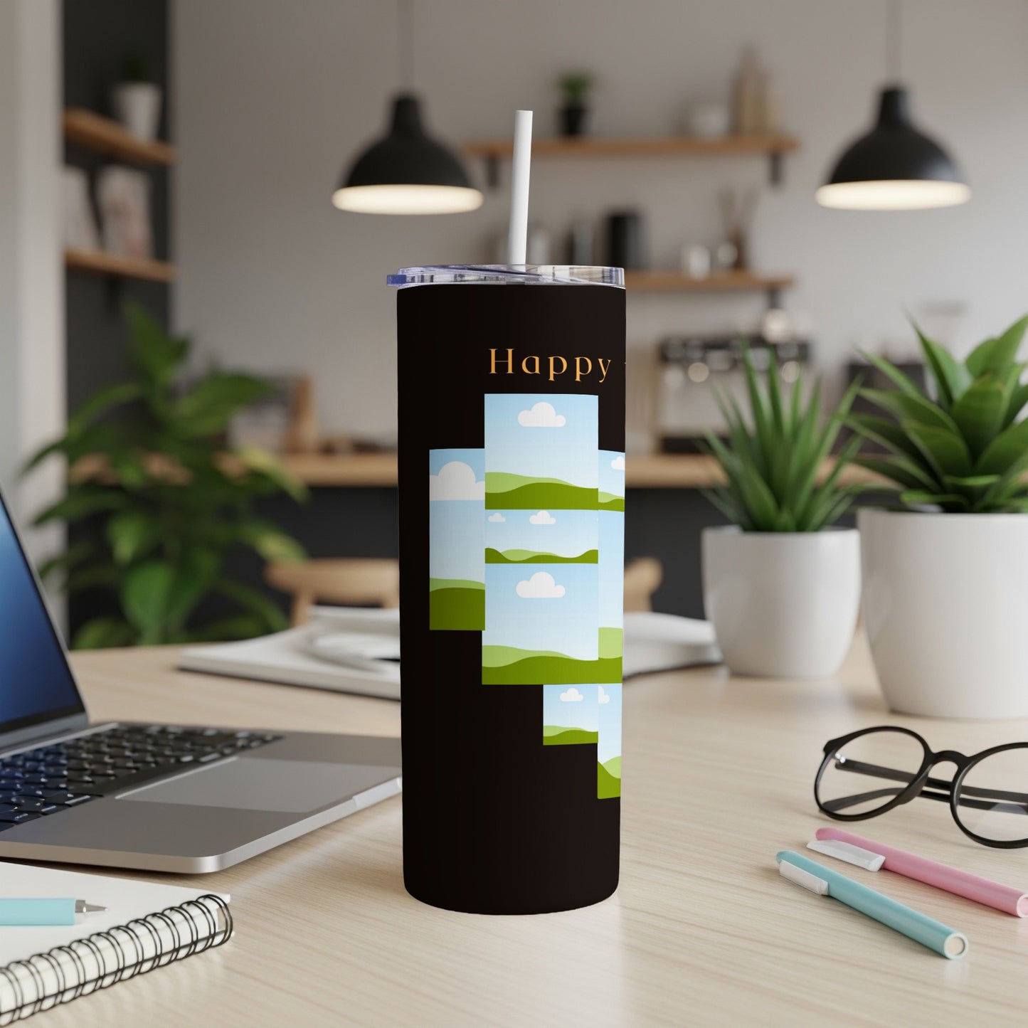 Black tumbler with "Happy" text and stacked landscape photo collage.