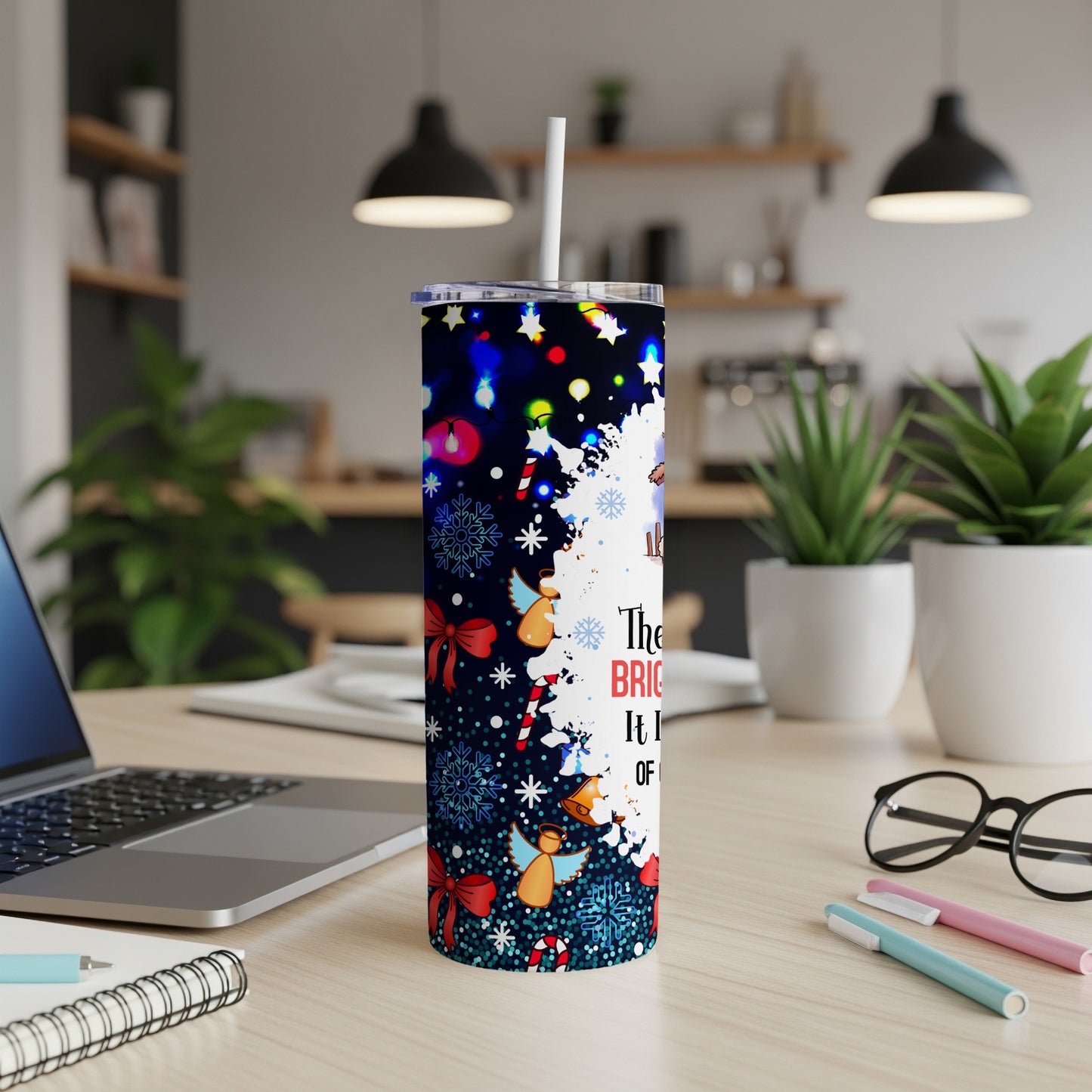 Tumbler with Christmas lights, snowflakes, angels, and the text "The brighter it is".