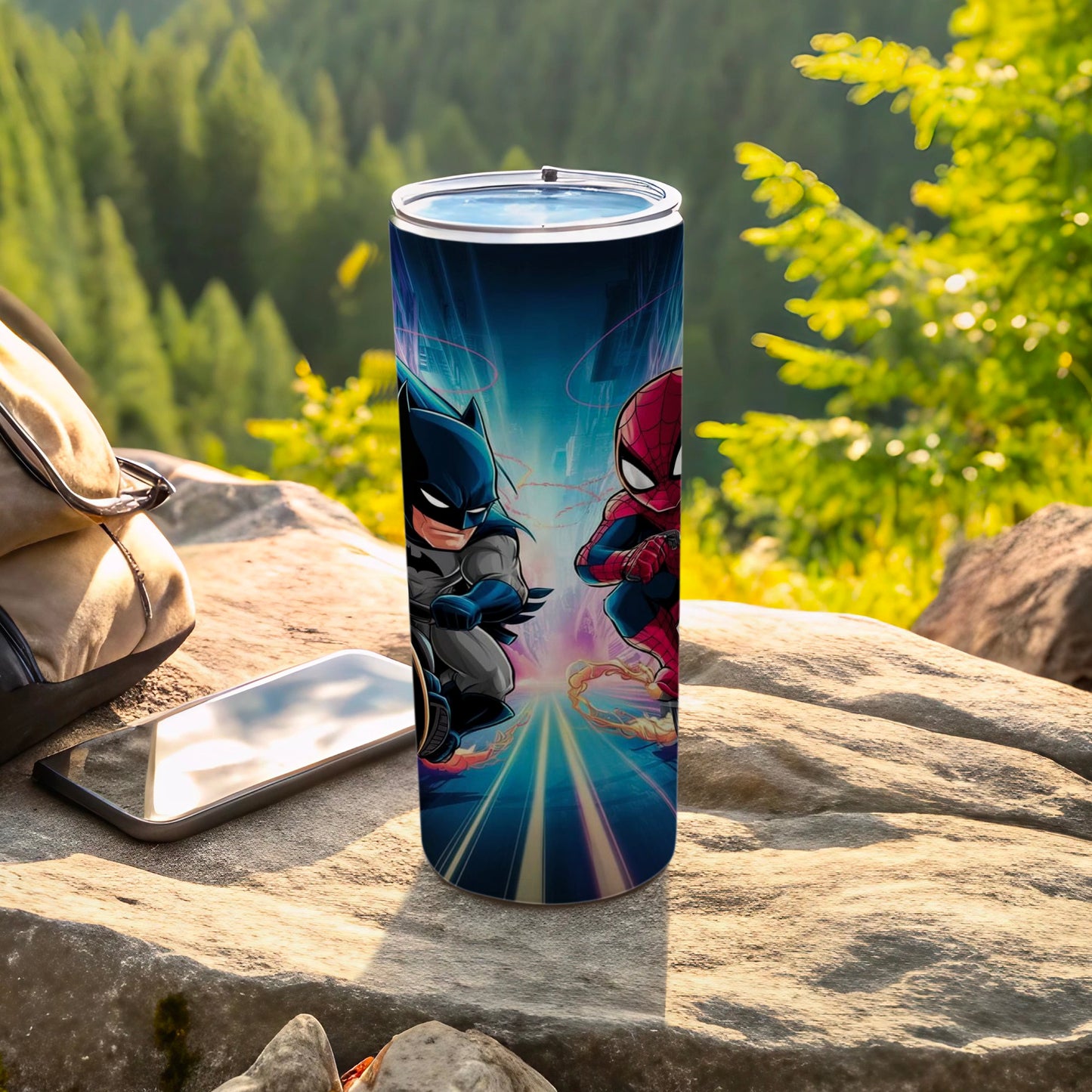 Superhero Duo Tumbler with Colorful Background Design