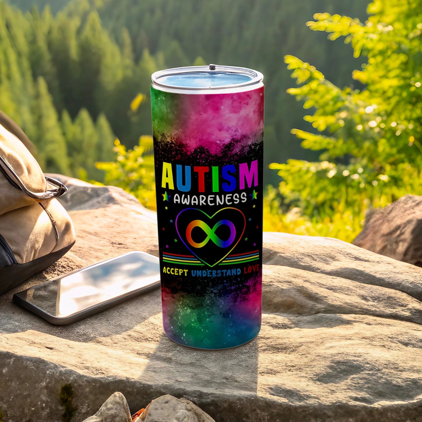 Autism Awareness heart rainbow tumbler with "Accept Understand Love" text.
