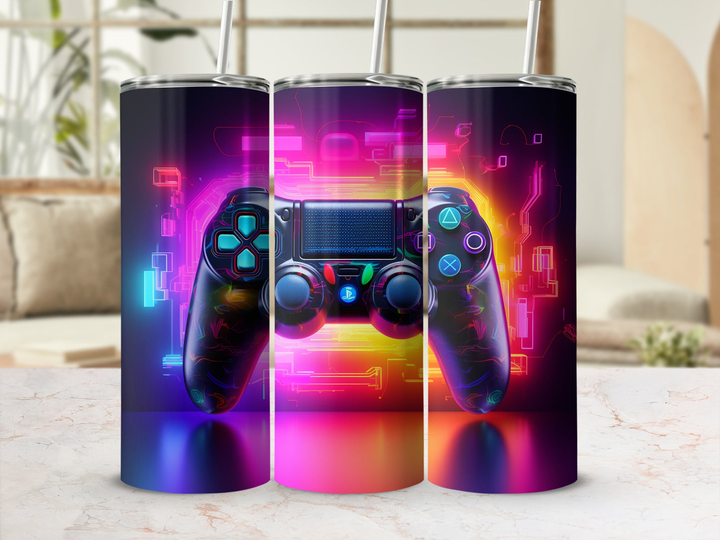 Neon Gaming Controller Design Tumbler Cup