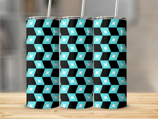 Three tumblers with a repeating geometric blue and black pattern, displayed on a wooden surface.