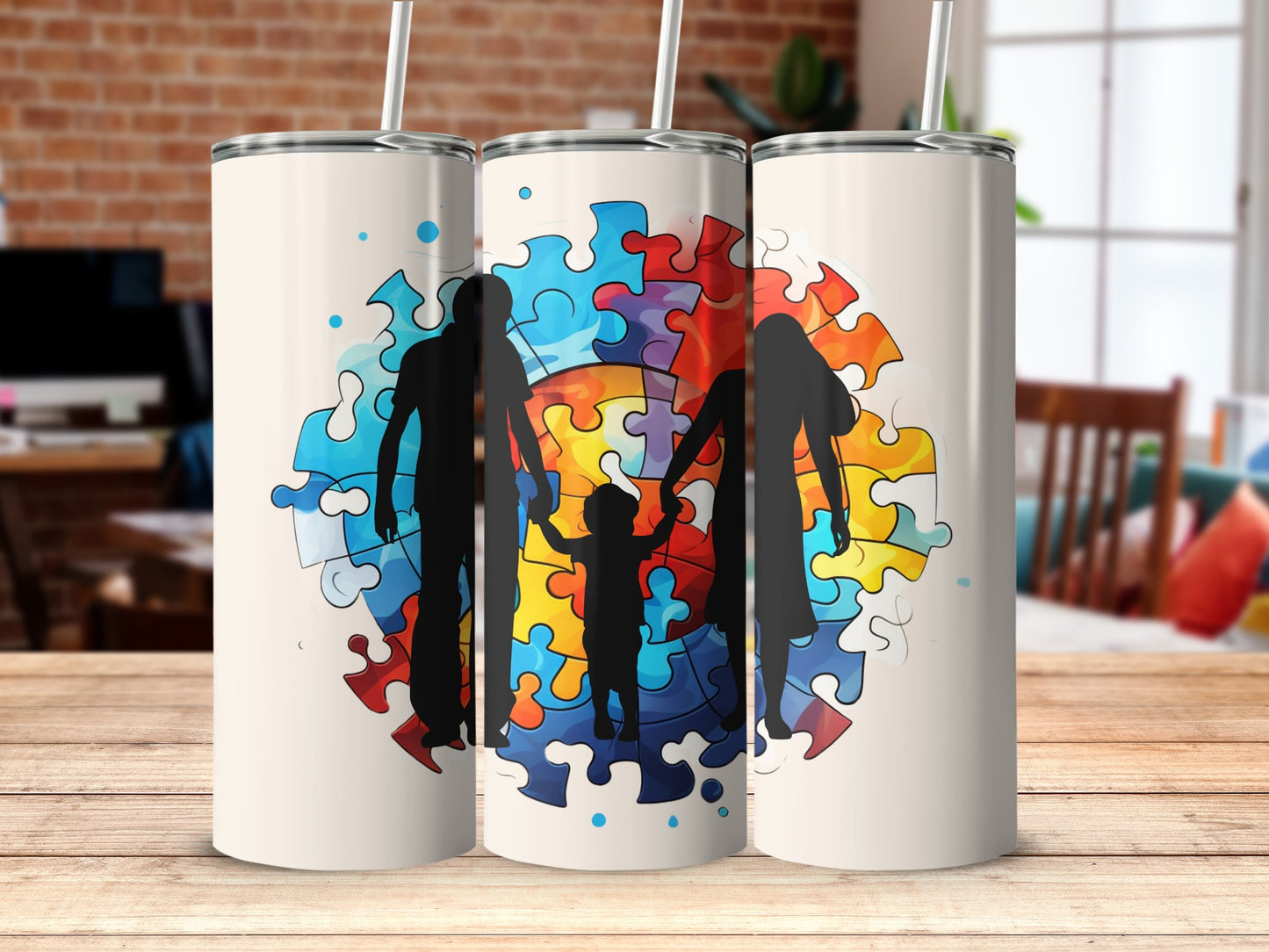 Colorful Family Silhouette Puzzle Art Tumbler