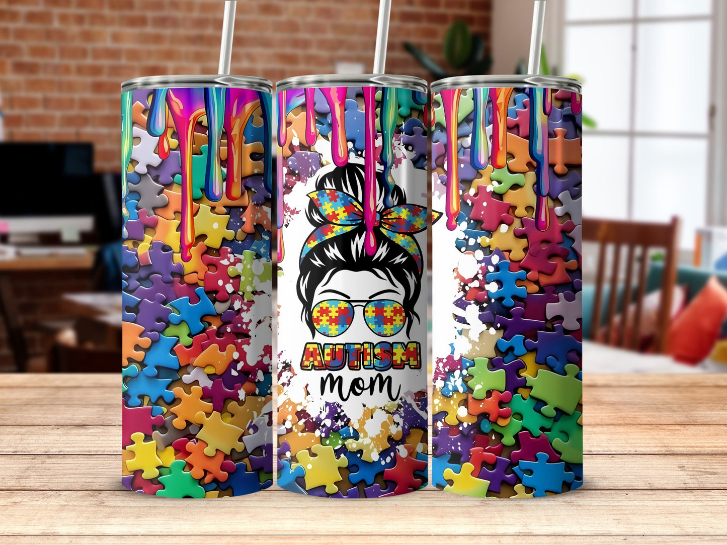 Colorful Autism Mom Puzzle Design Tumbler Product