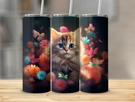 Triptych of tumblers featuring a fluffy kitten surrounded by colorful flowers and butterflies.