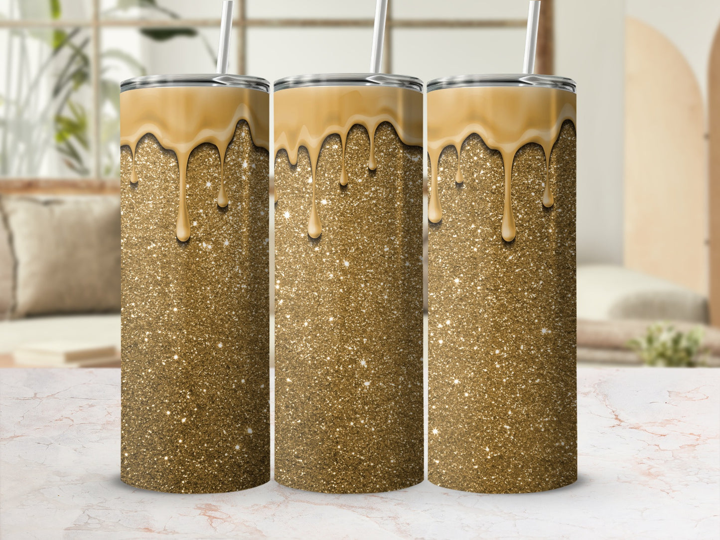 Glittery Golden Drip Design Stainless Steel Tumbler