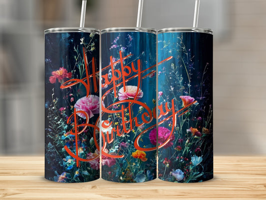 Happy Birthday tumbler with floral design.