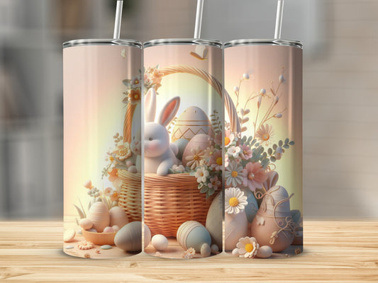Easter basket with bunny and painted eggs, soft floral background.