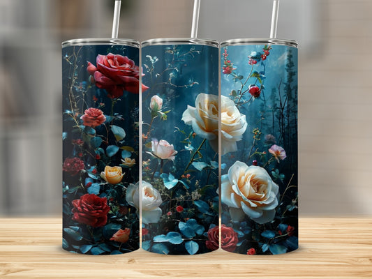 Three tumblers with a dark floral rose design.