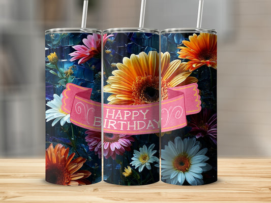 Three tumblers with colorful floral designs and "Happy Birthday" banner.