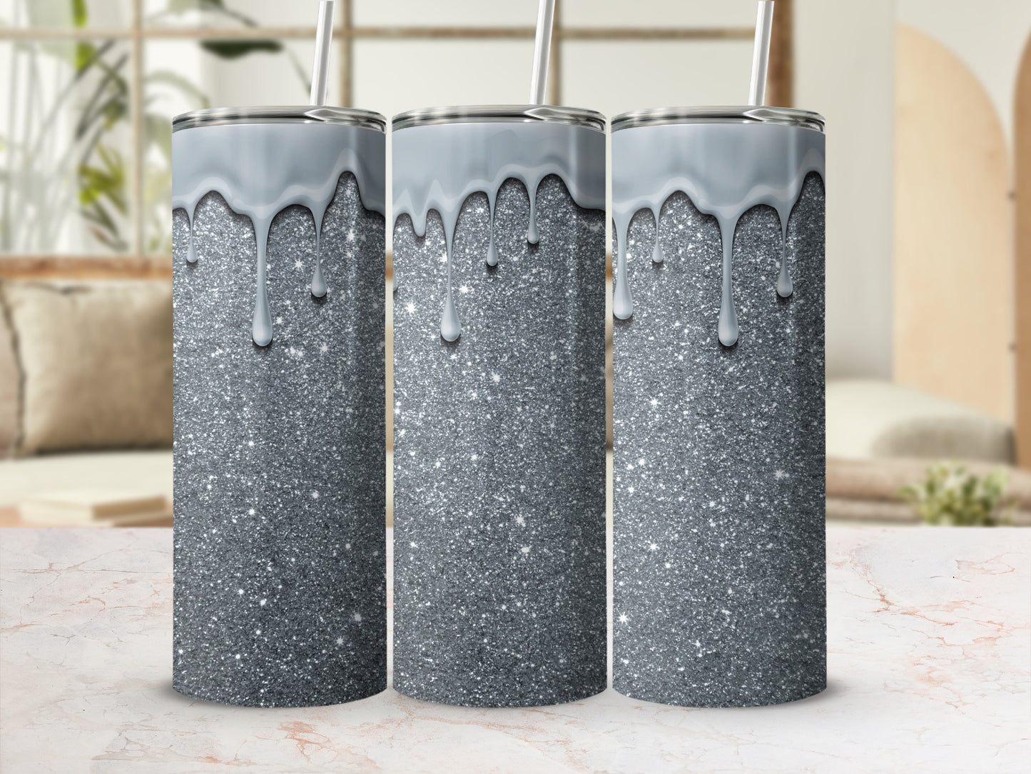Glittering Tumbler with Metallic Drip Design