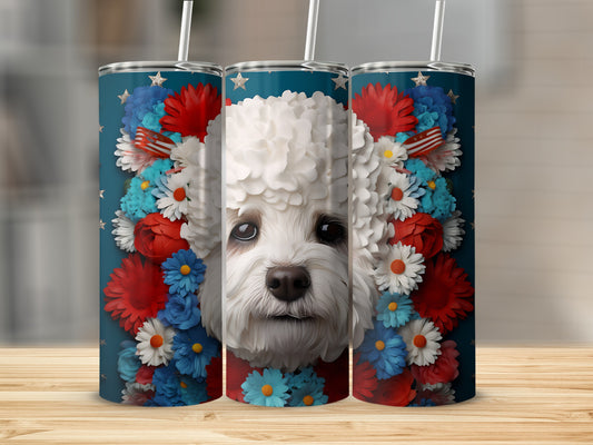 Three tumblers featuring a fluffy white dog surrounded by patriotic red, white, and blue flowers.