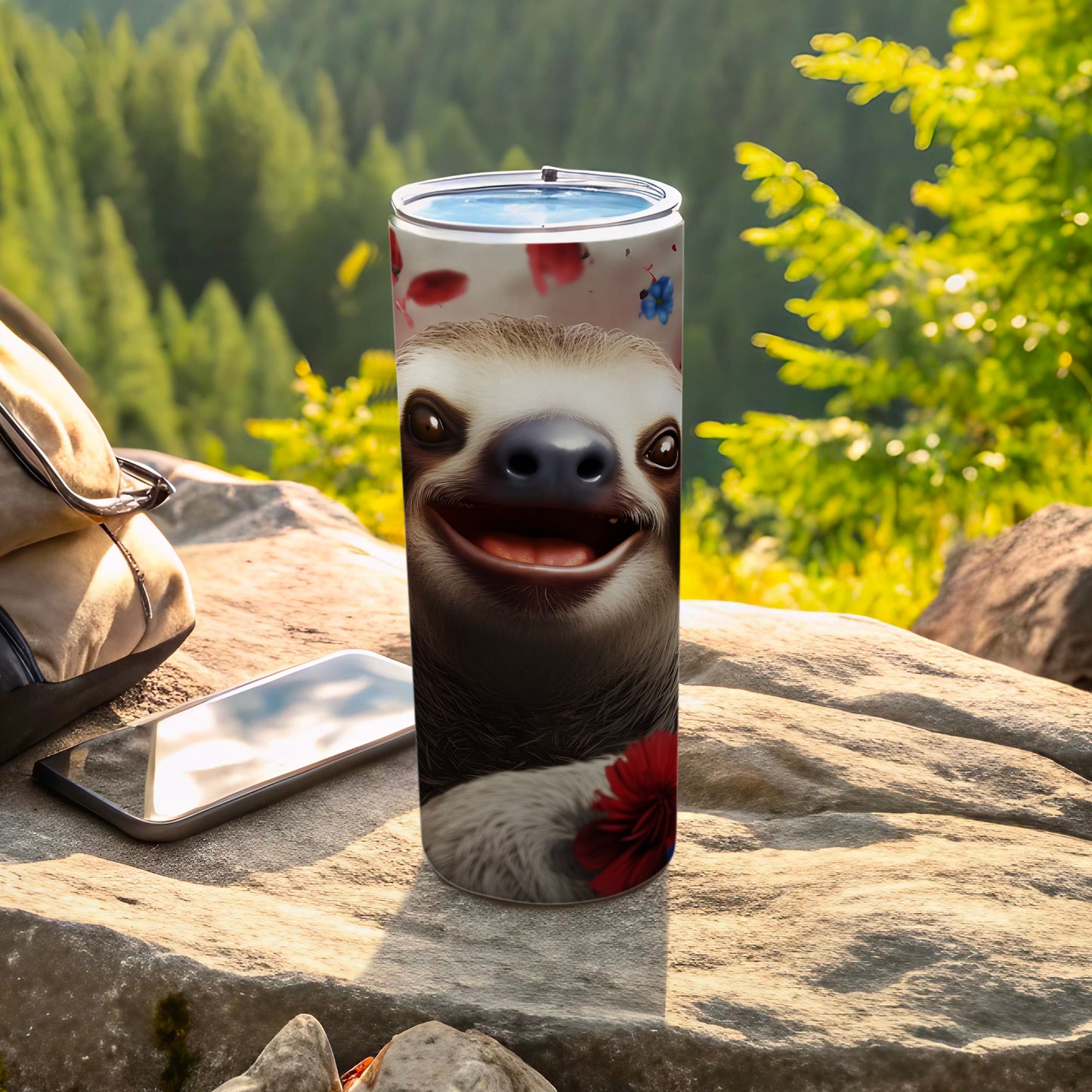 Tumbler with a smiling sloth design and red flower accent.
