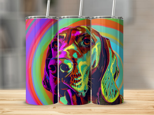 Abstract colorful dog portrait on a tall cylindrical tumbler.