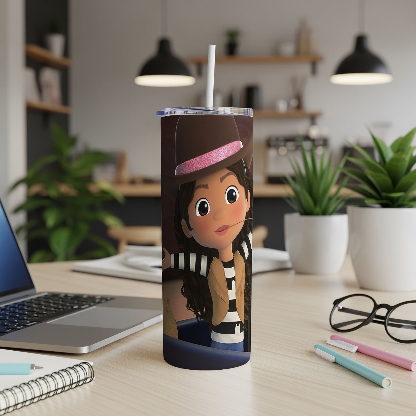 Tumbler with cartoon girl wearing a cowboy hat and striped shirt.