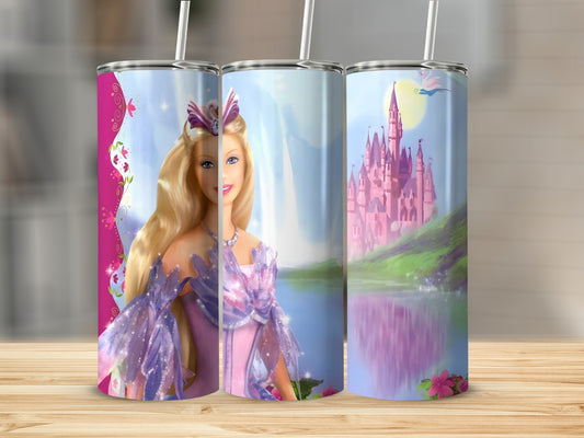 Pink castle and Barbie on a patterned tumbler.