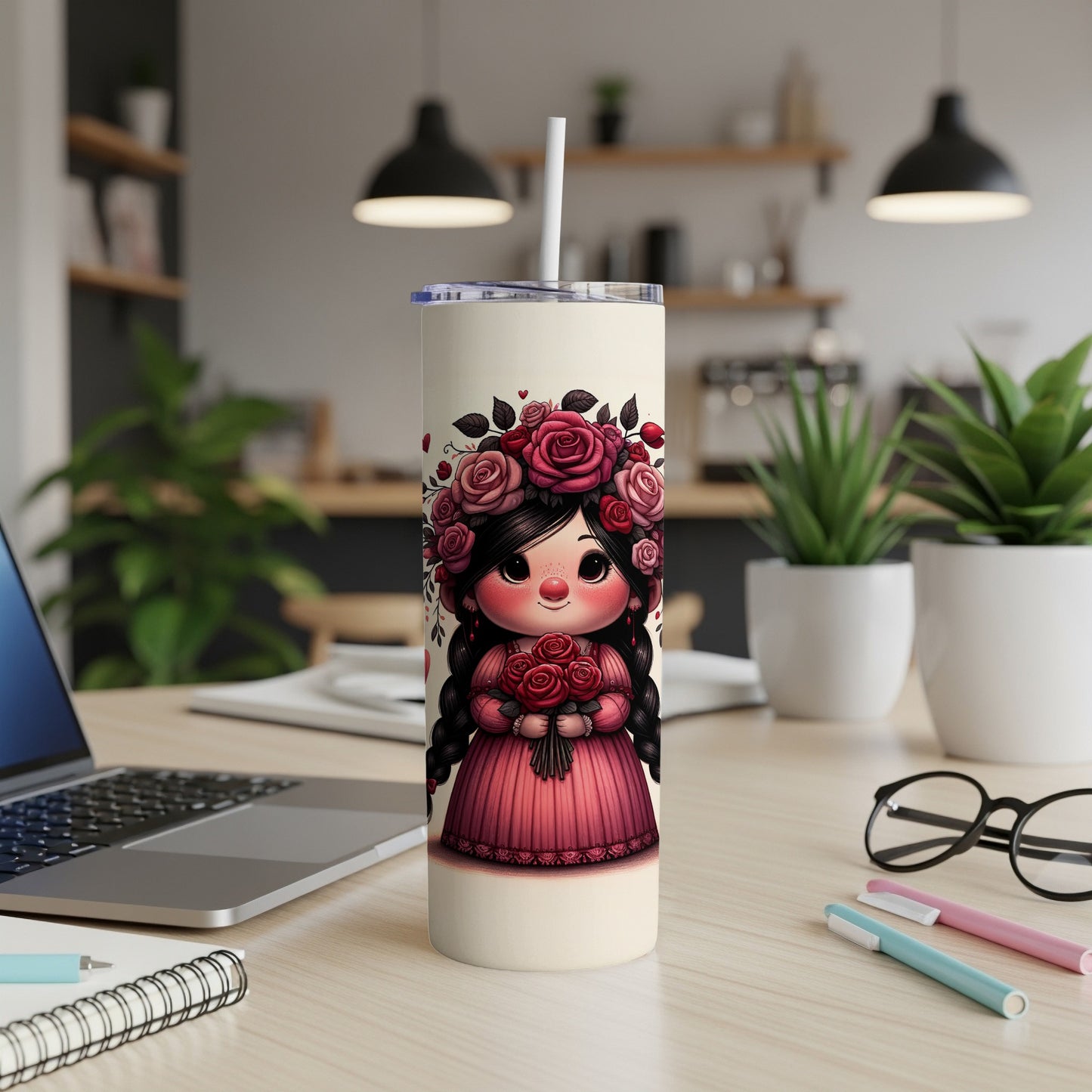 Tumbler featuring a cartoon girl in a pink dress holding roses.