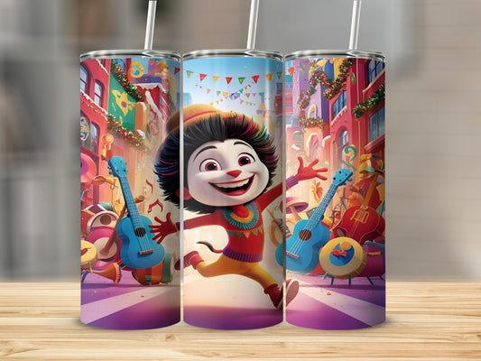 Cartoon character with guitars and musical instruments in colorful street scene.